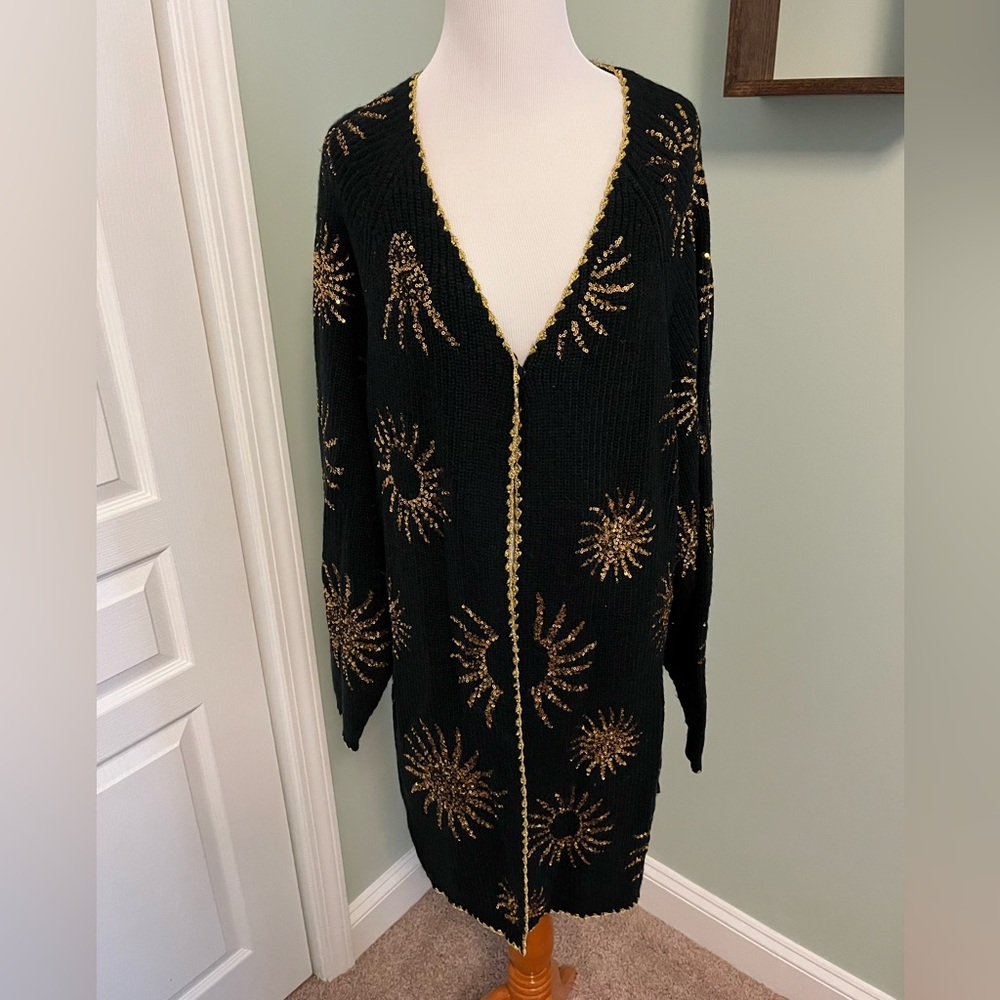 Farm Rio Black & Gold Sequin Sun Cardigan Sweater with Matching Belt Medium NWT